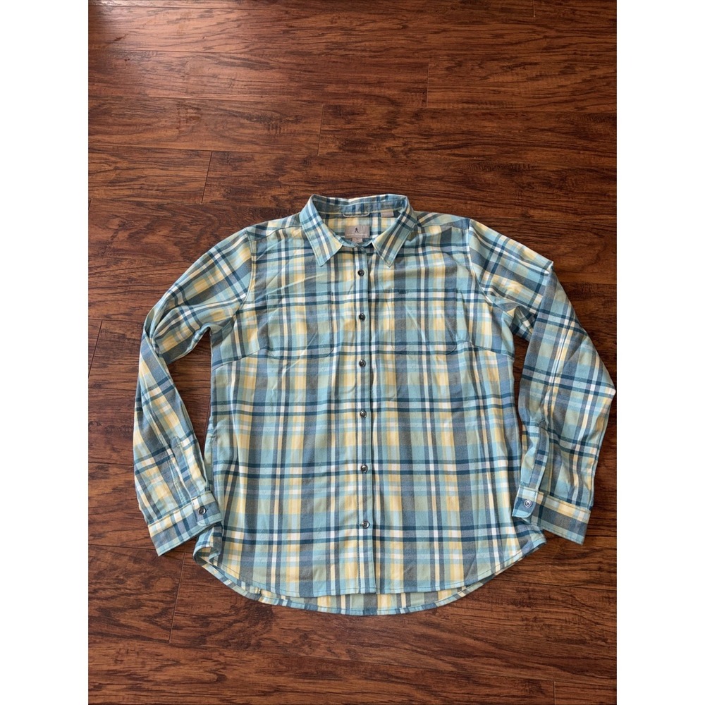 Royal Robbins Button Up Shirt Womens Plaid Teal Roll Tab Sleeve Hike Large